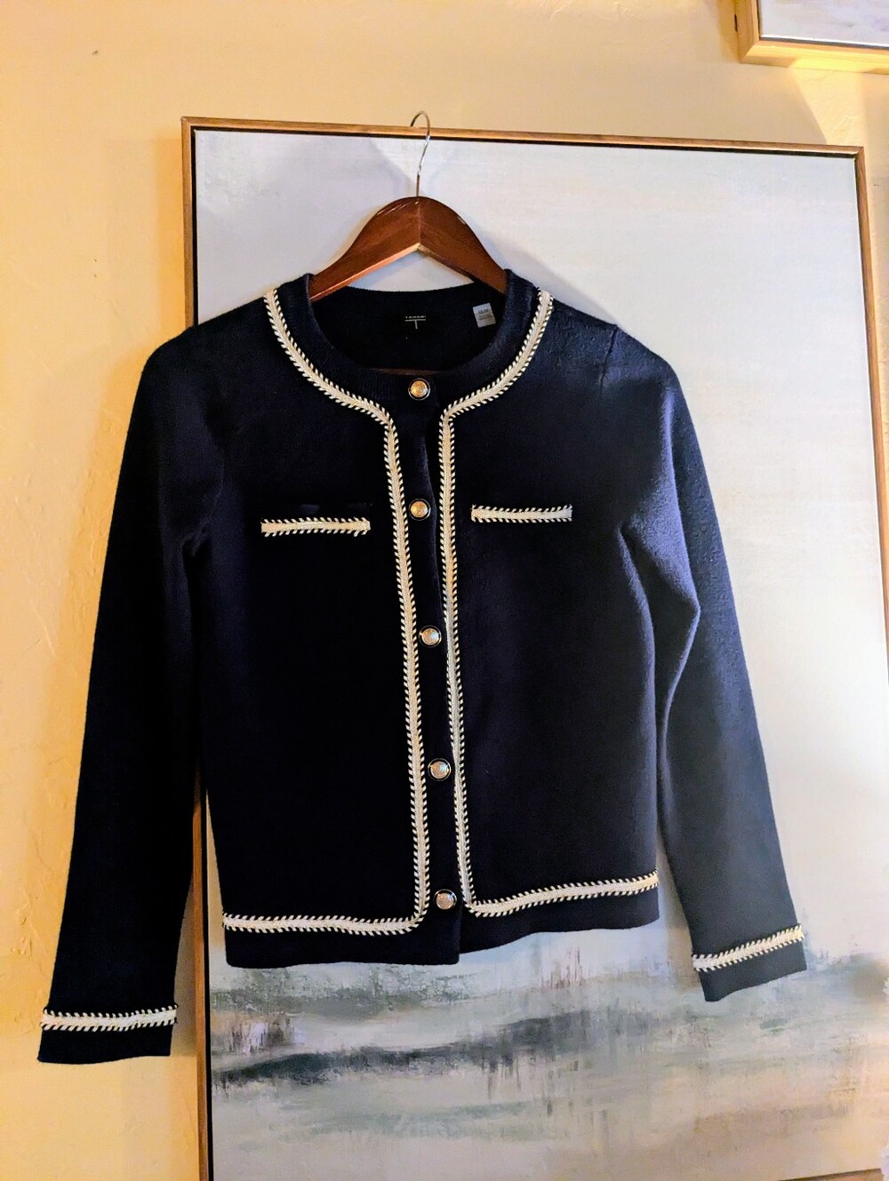 Tahari Navy Jacket with White Braid and Gold Button